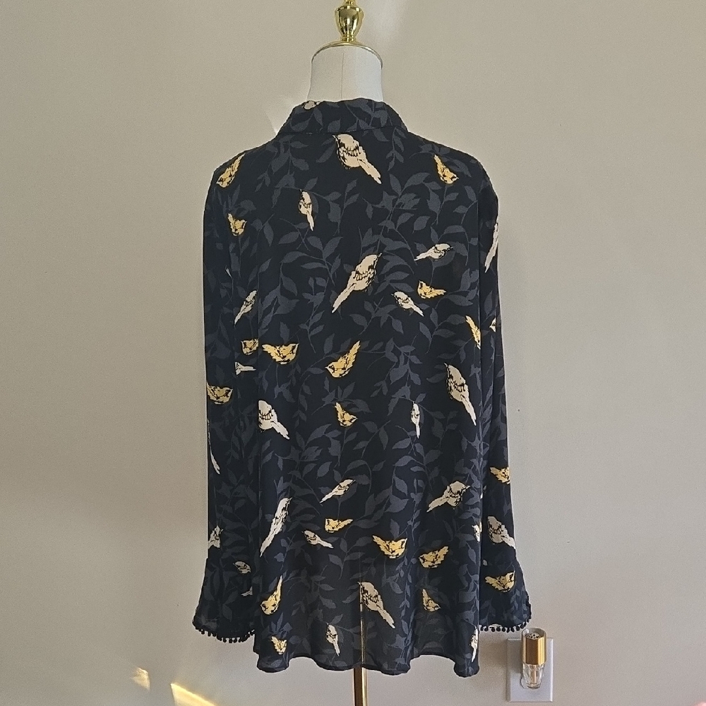 Charter Club Bird Print Blouse XL Bell Sleeve Pom Pom Trim Black Button Top Boho - Picture 5 of 7